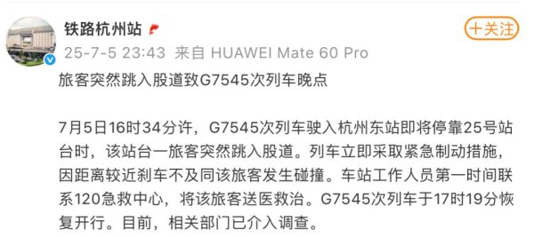 牛管家 上海出发高铁，紧急刹停！铁路杭州站深夜通报：一旅客跳入股道，发生碰撞